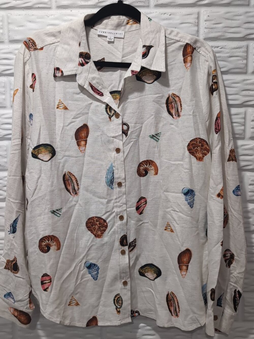 NWOT Jane + Delancey Seashell Print Shirt Womens L Cream Coastal Linen Blend
